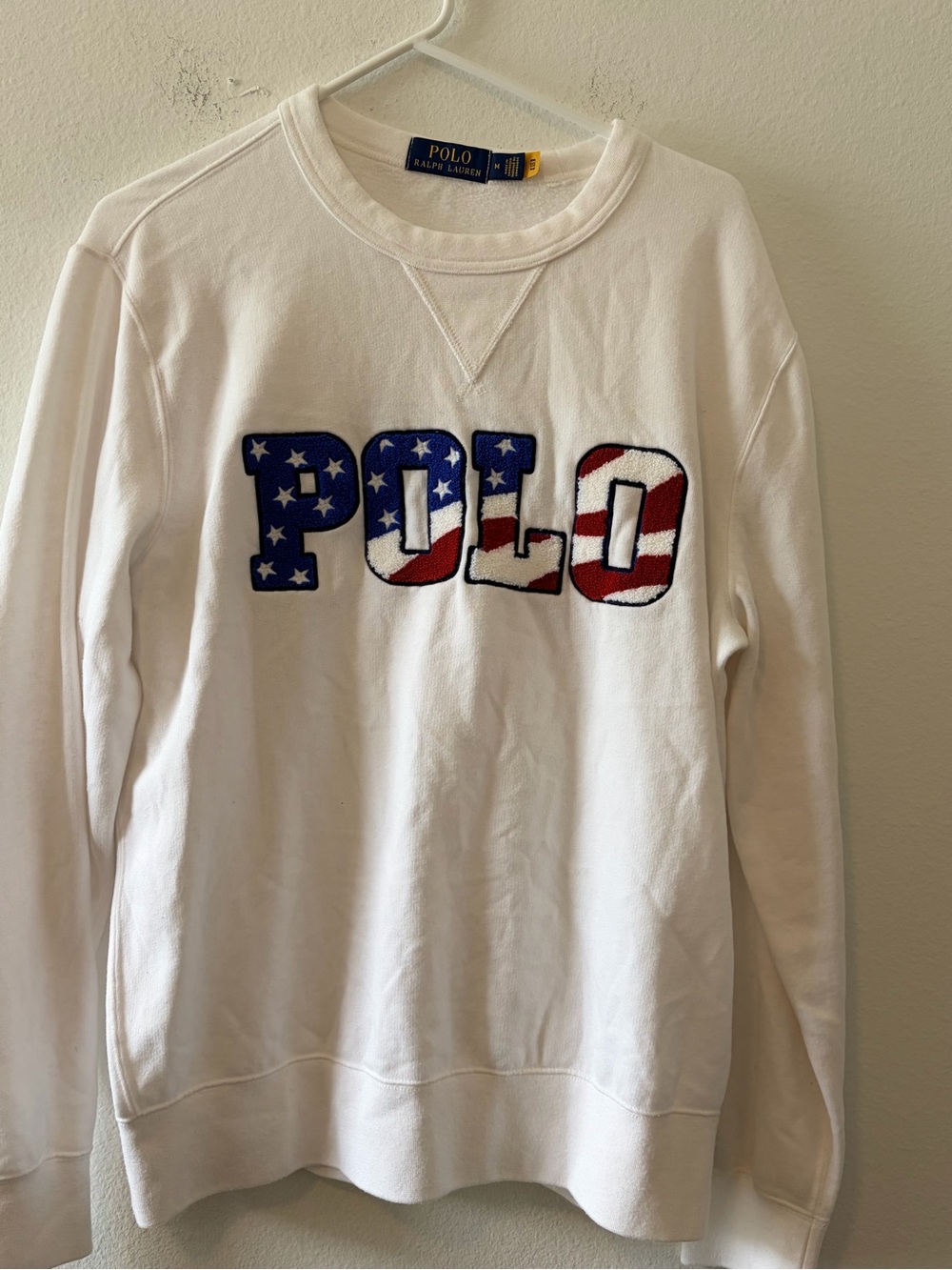 Ralph Lauren White Crewneck Sweatshirt with Red & Blue POLO Applique